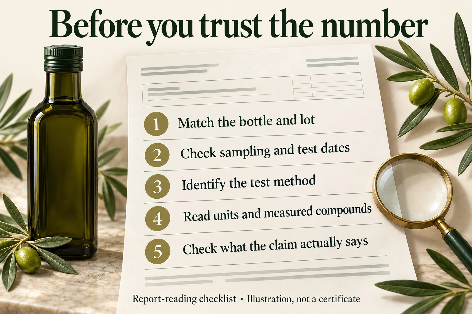 Five checks for an olive oil lab report: bottle and lot, dates, method, units and compounds, and the claim.