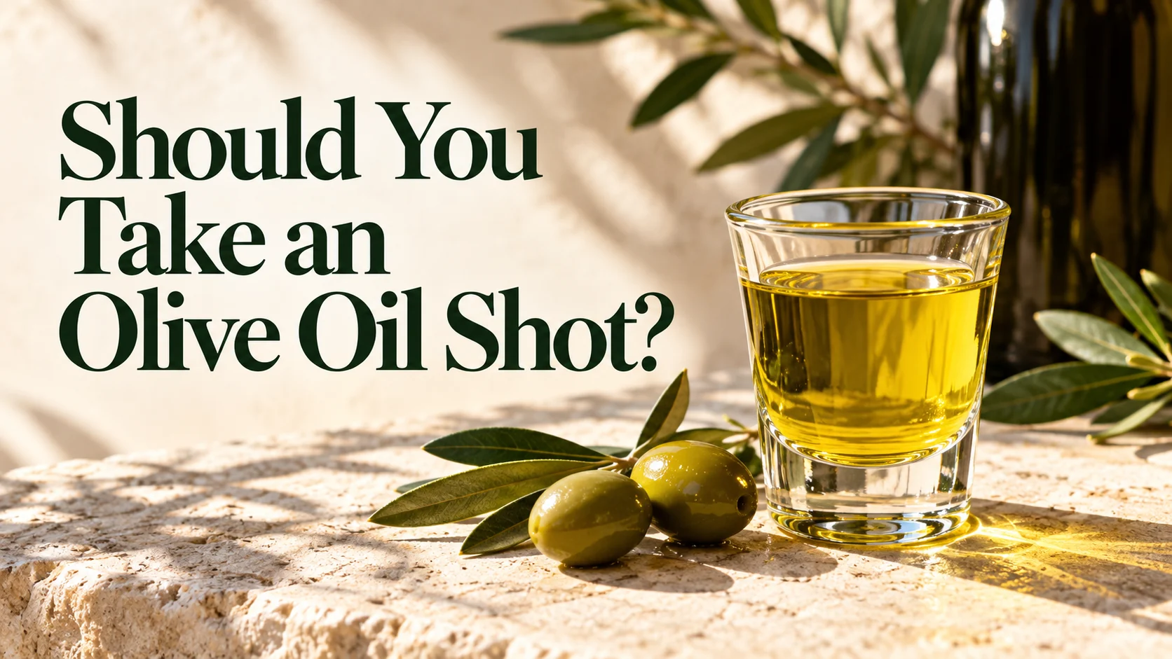 Shot glass of olive oil beside green olives, with text “Should You Take an Olive Oil Shot?”
