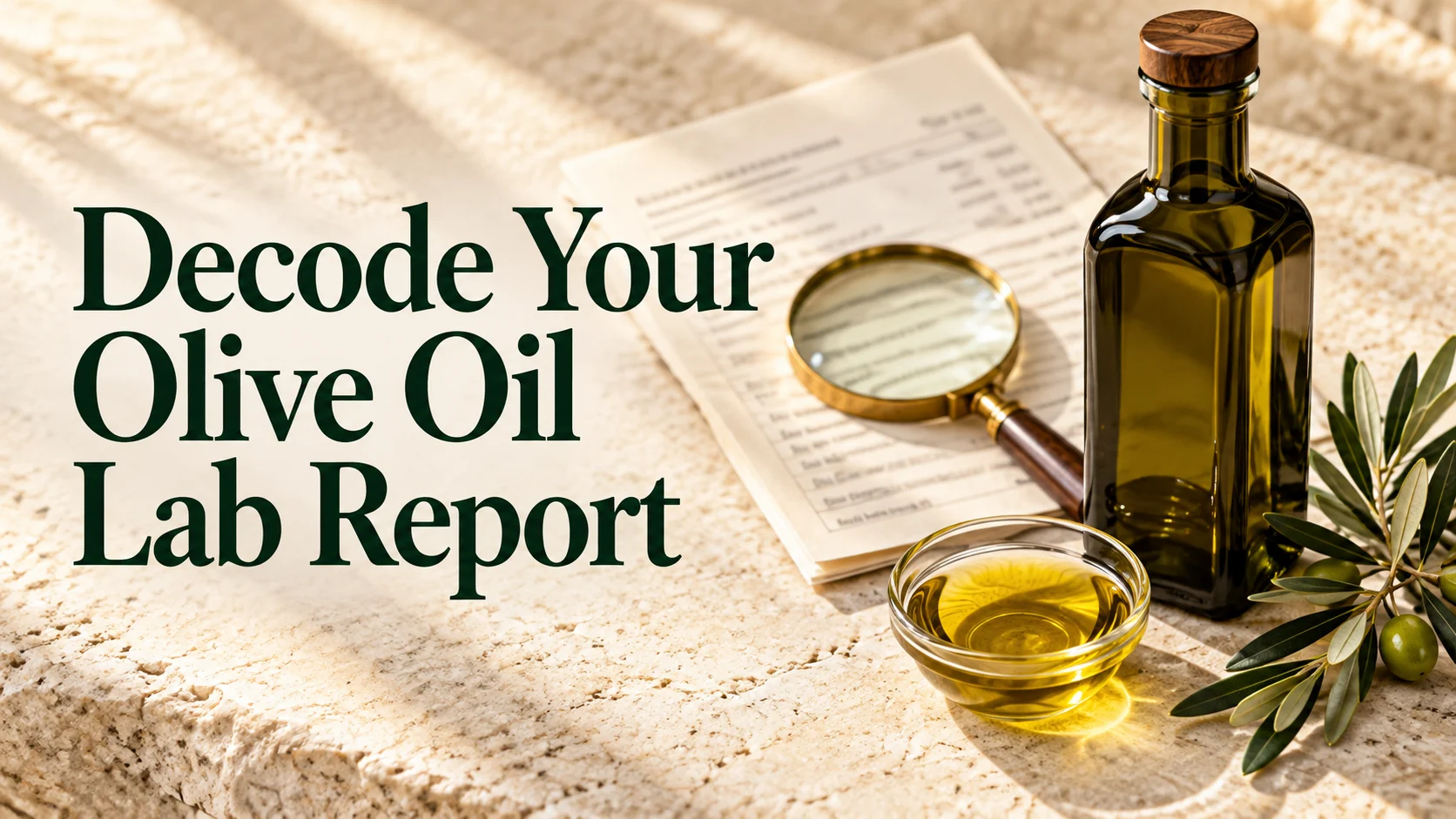 Olive oil bottle beside a report and magnifying glass, with text “Decode Your Olive Oil Lab Report.”