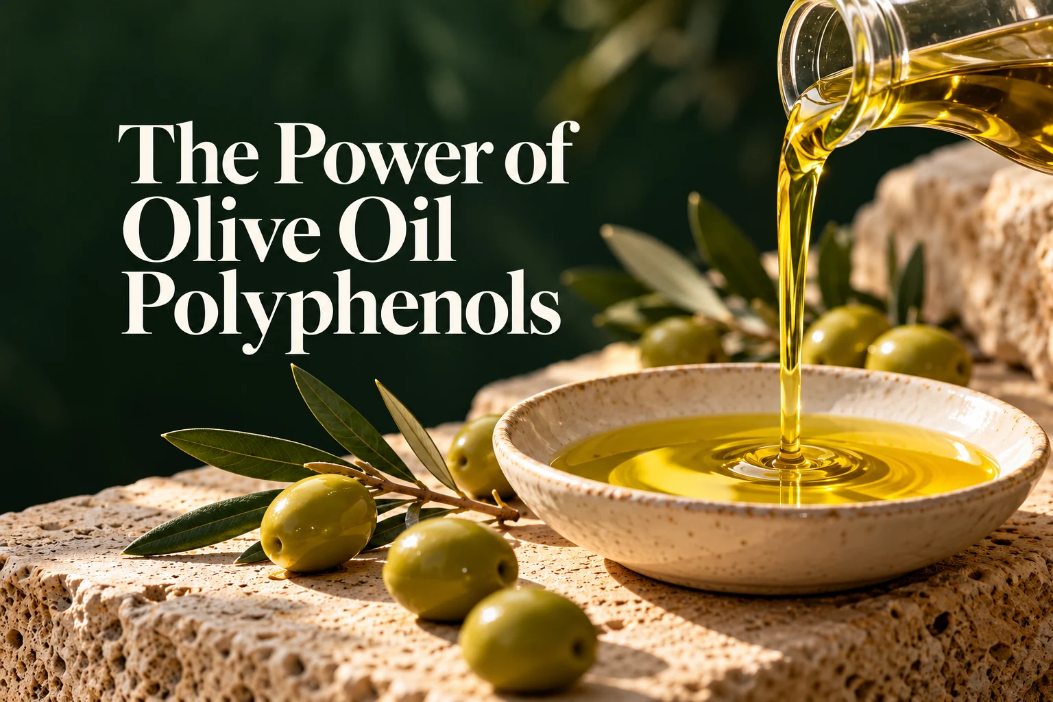 Olive oil pouring into a bowl beside fresh olives, with text “The Power of Olive Oil Polyphenols.”