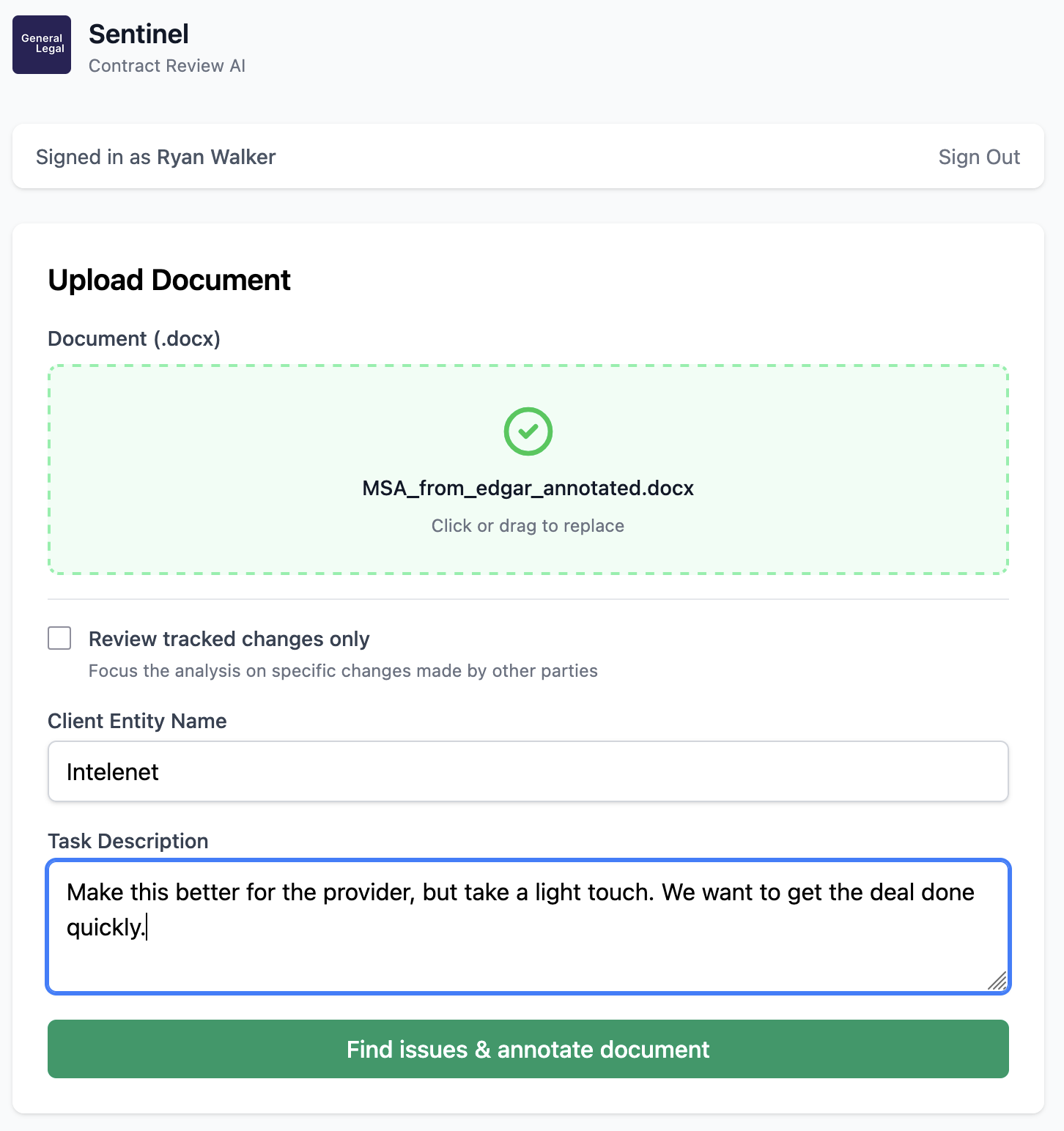Sentinel AI reviews the contract guided by an attorney defined strategy