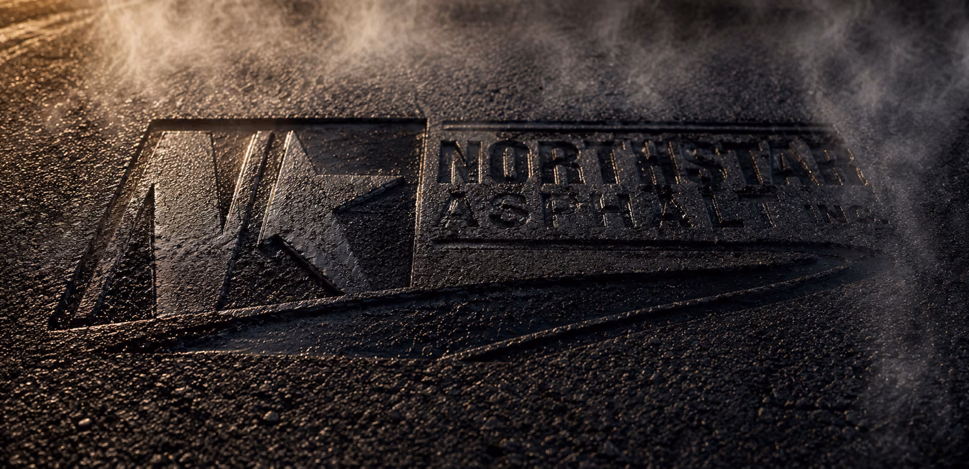 Close-up of the Northstar Asphalt logo embossed into freshly laid hot asphalt with rising steam.