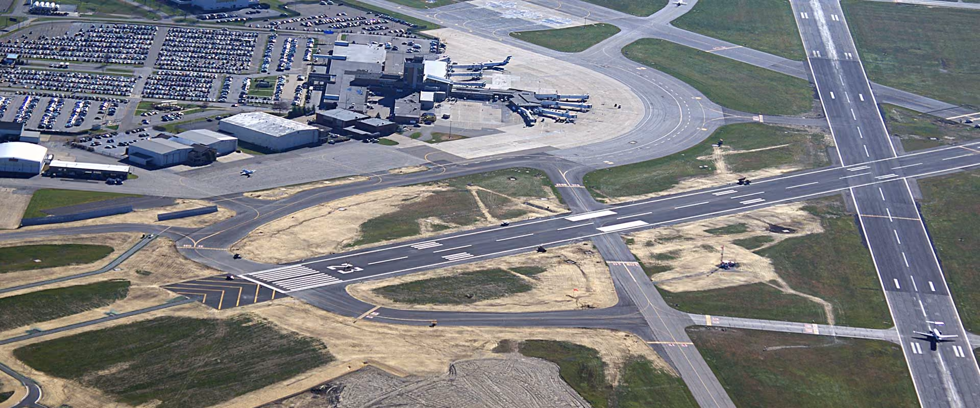 Aerial view of Akron-Canton Airport runways paved by Northstar Asphalt as part of a major airfield improvement project.