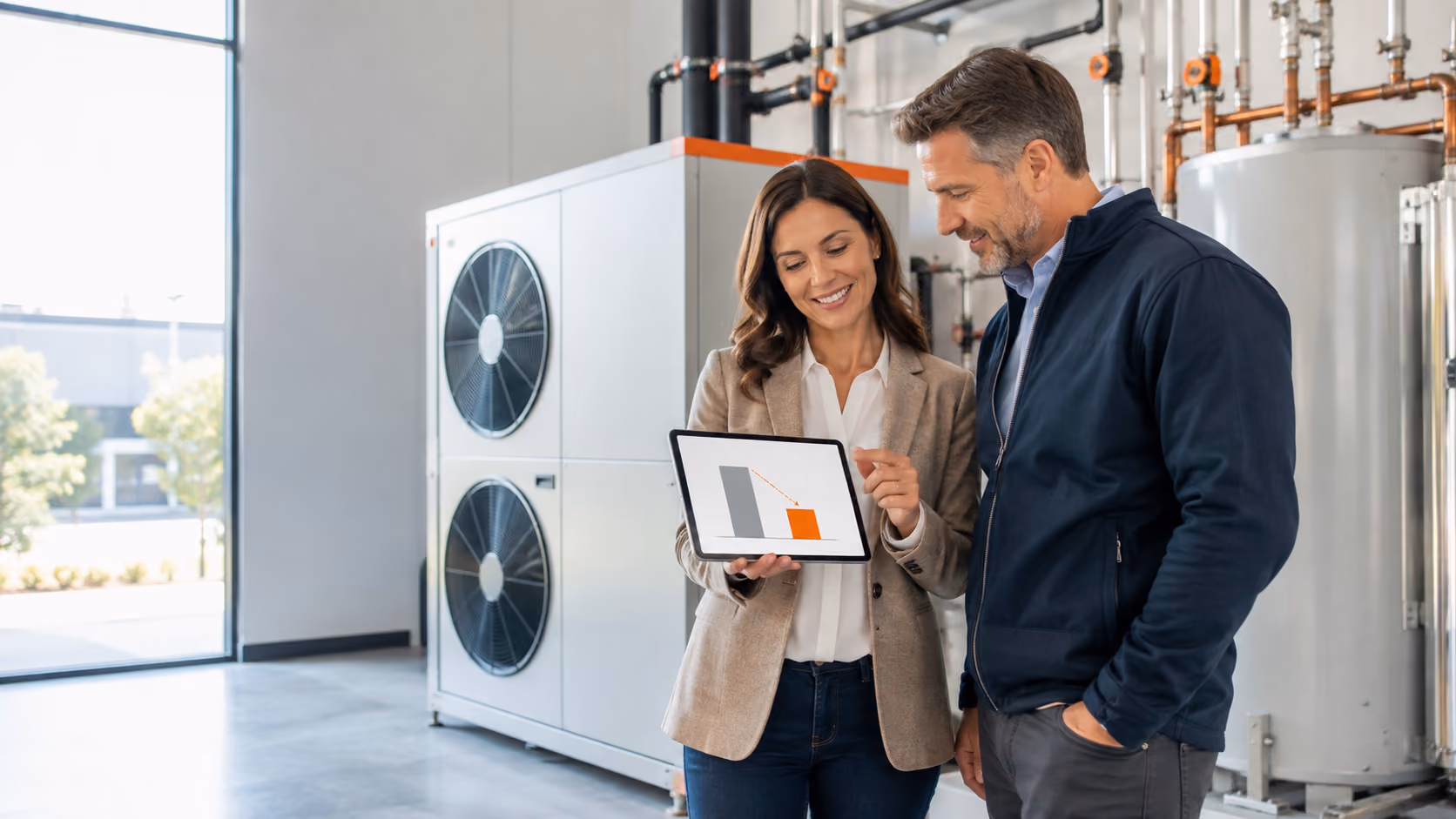 Man and Woman infront of thermal tanks