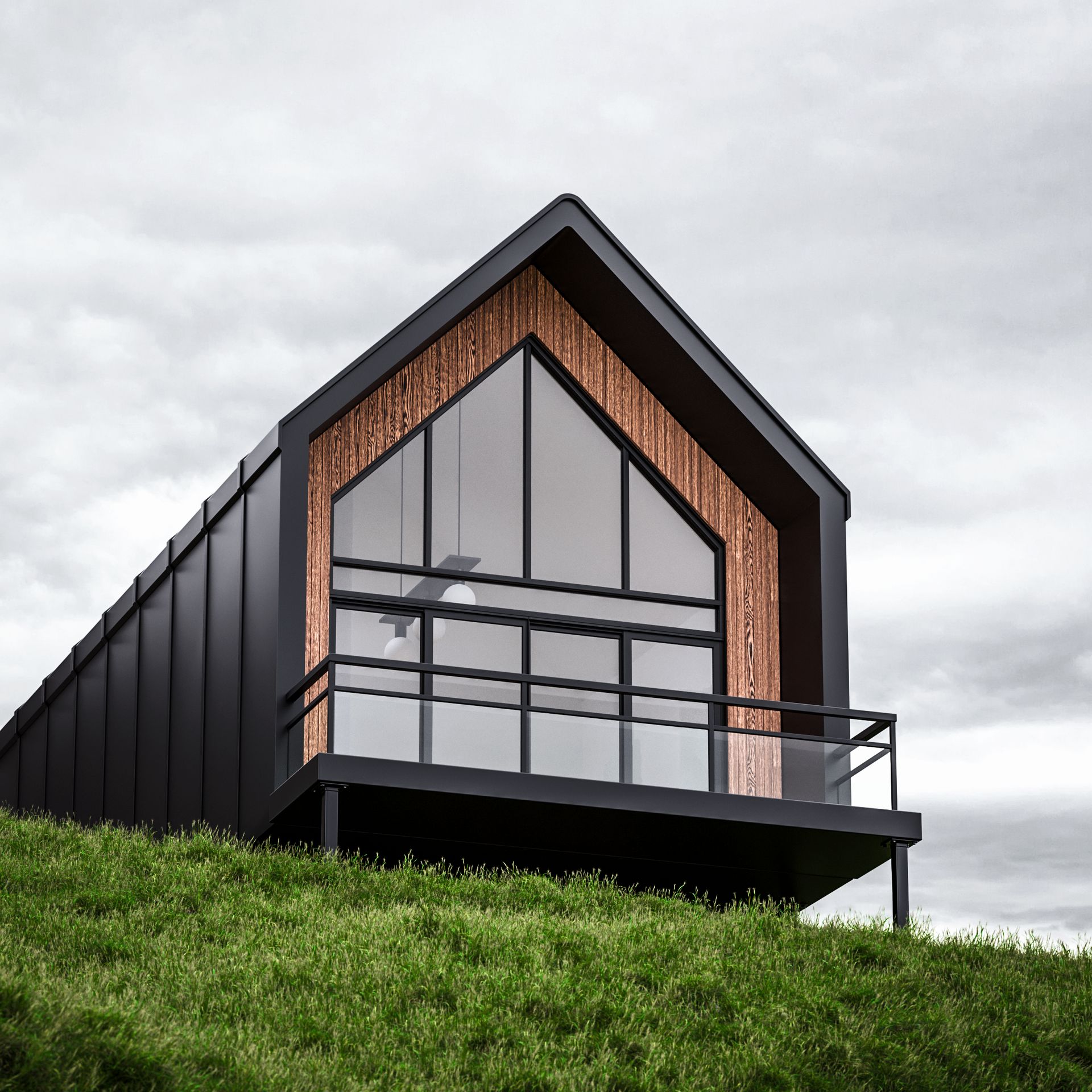 Modern adu unit on a grassy hill