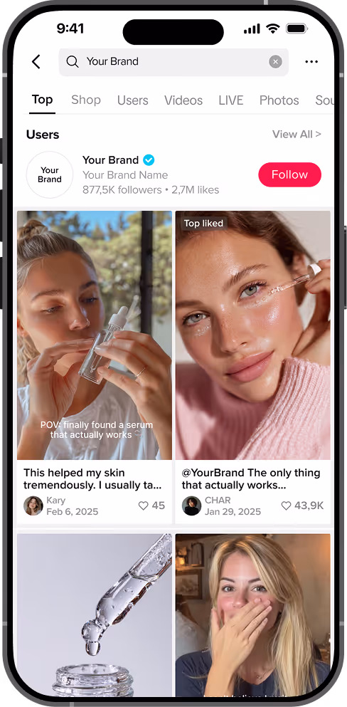 Smartphone screen showing a social media profile for 'Your Brand' with posts featuring women applying skincare serum.