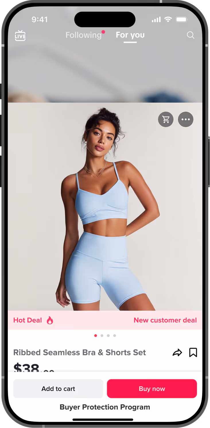Woman modeling a light blue ribbed seamless bra and shorts set on a shopping app screen.