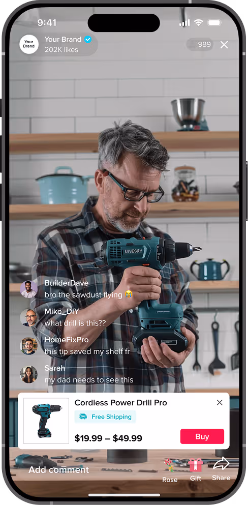 Man with glasses examining a cordless power drill in a kitchen setting, with product comments and a purchase option overlay.