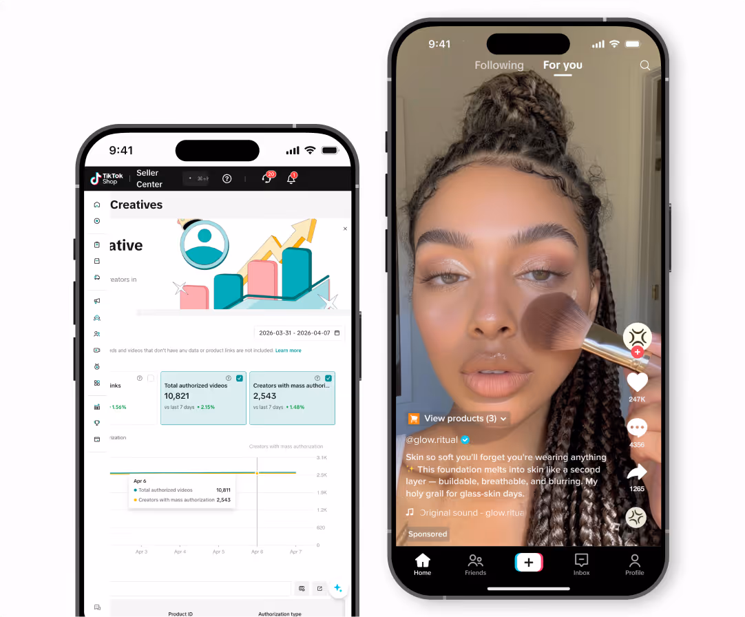 Two smartphone screens: left shows TikTok Shop Seller Center analytics with authorized videos and creators data; right shows TikTok video of a woman applying makeup with a brush, promoting foundation.