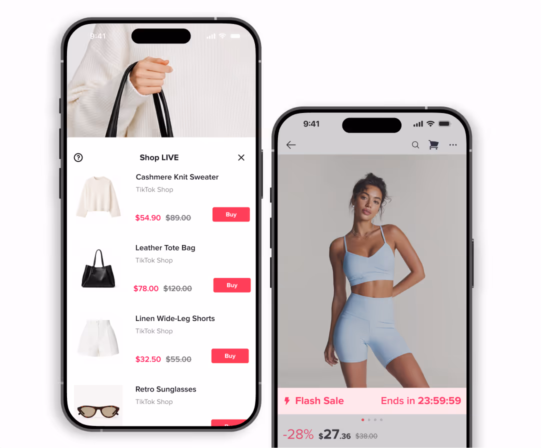 Two smartphones displaying online shopping apps: left shows discounted items like a cashmere knit sweater, leather tote bag, and linen wide-leg shorts with buy buttons; right shows a woman in blue workout clothes with a flash sale countdown and discounted price.
