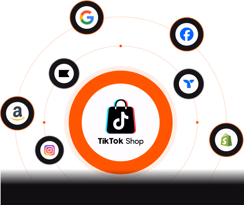 TikTok Shop logo at center surrounded by logos of Google, Facebook, Shopify, Amazon, Instagram, Uber, and a blue stylized leaf icon in a circular arrangement.