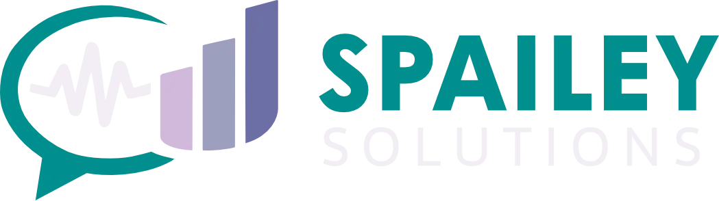 Spailey Solutions logo with stylized speech bubble, sound waves, and bar chart graphic.