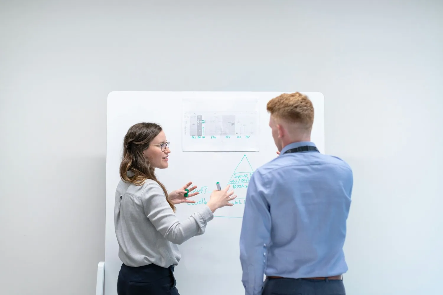 Woman explaining a diagram on a whiteboard to a man in a blue shirt, both standing in an office.