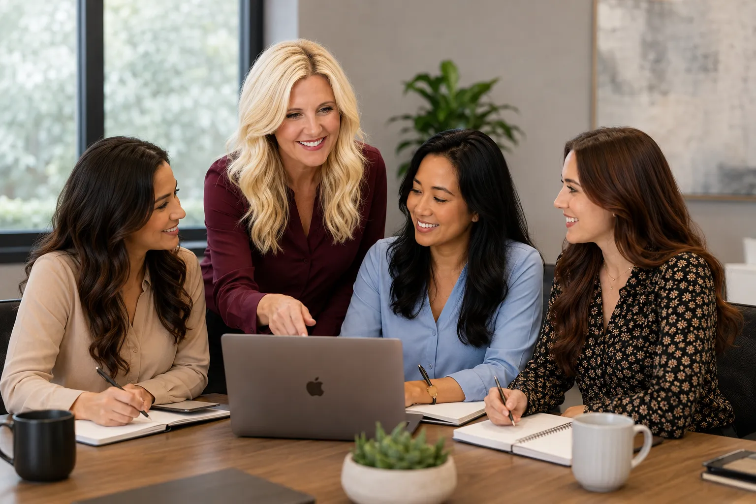 Four women in a meeting around a laptop, two taking notes, one pointing and smiling.