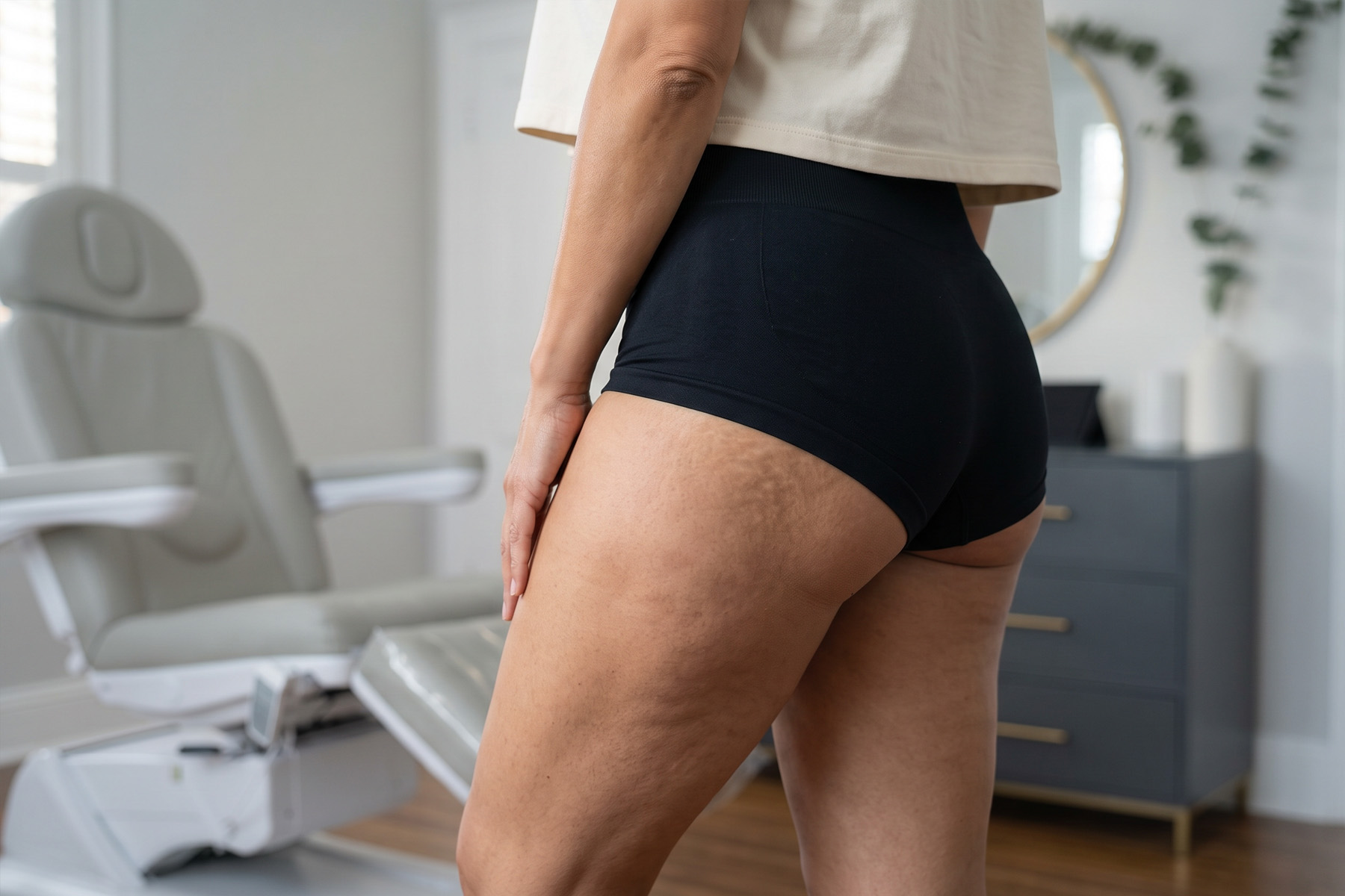 Cellulite and dimpled texture across the glutes and upper thighs