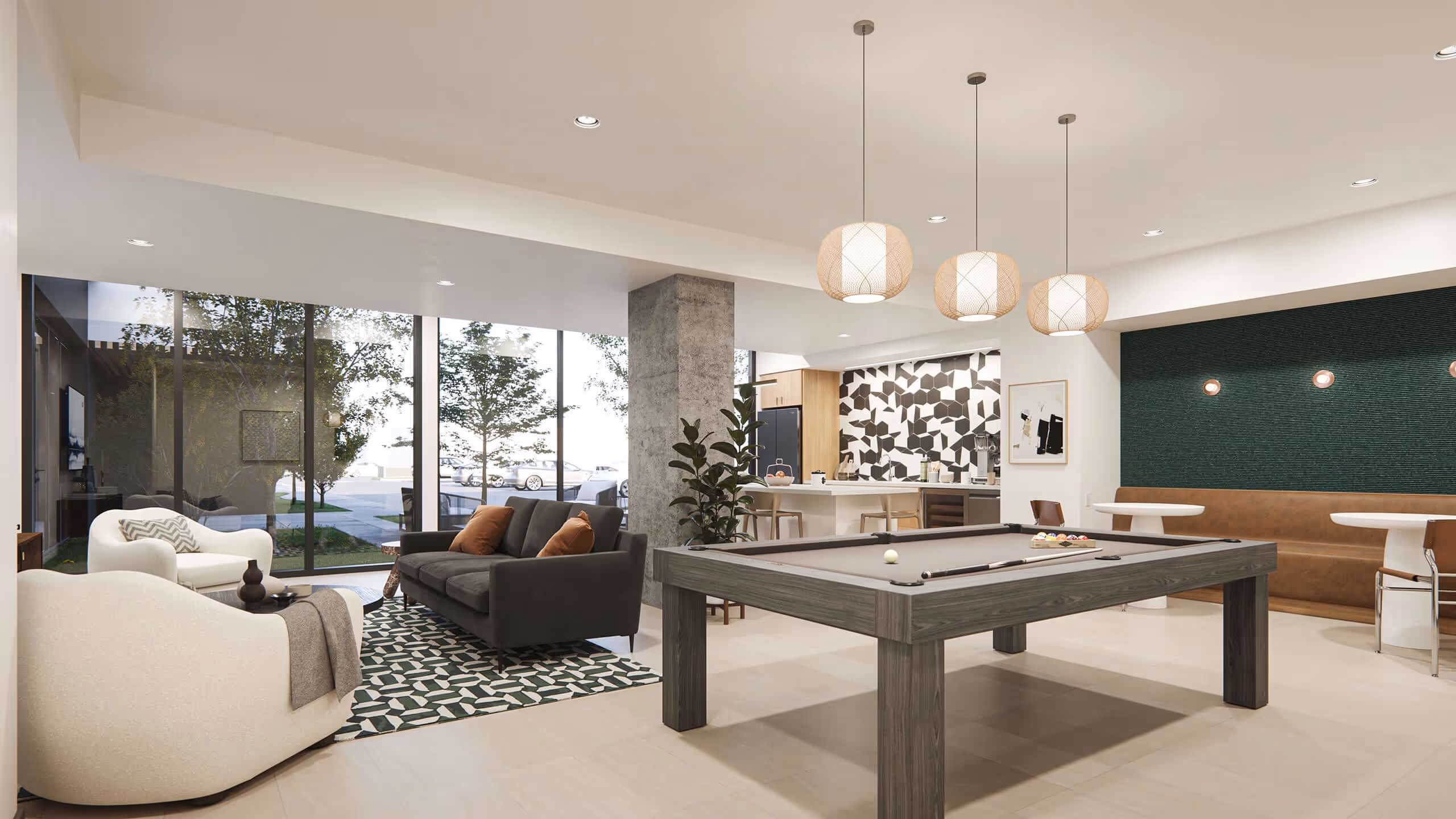 Pool table and lounge seating in the clubhouse