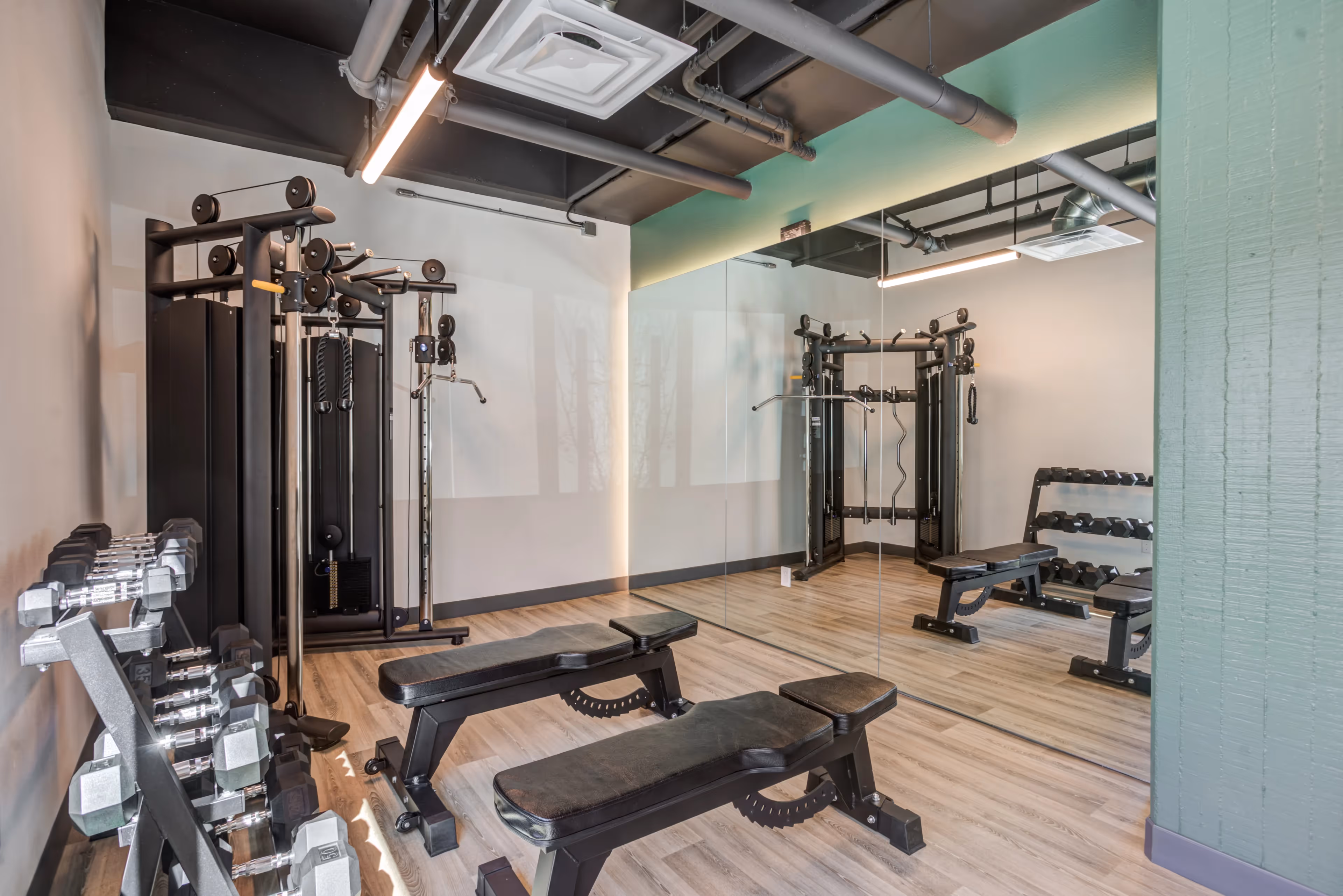 Fitness center with workout equipment and machines