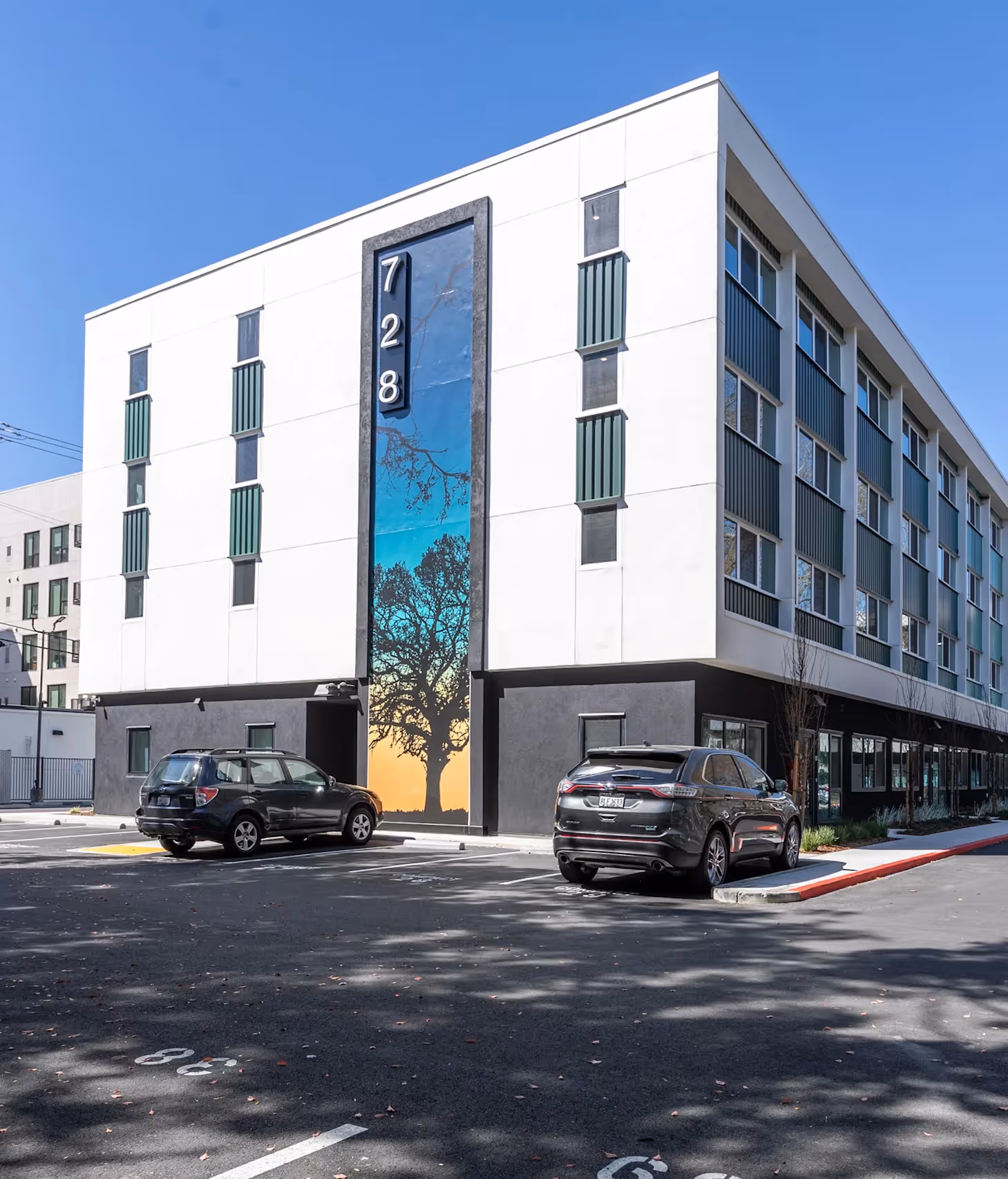 Parking lot and view of building