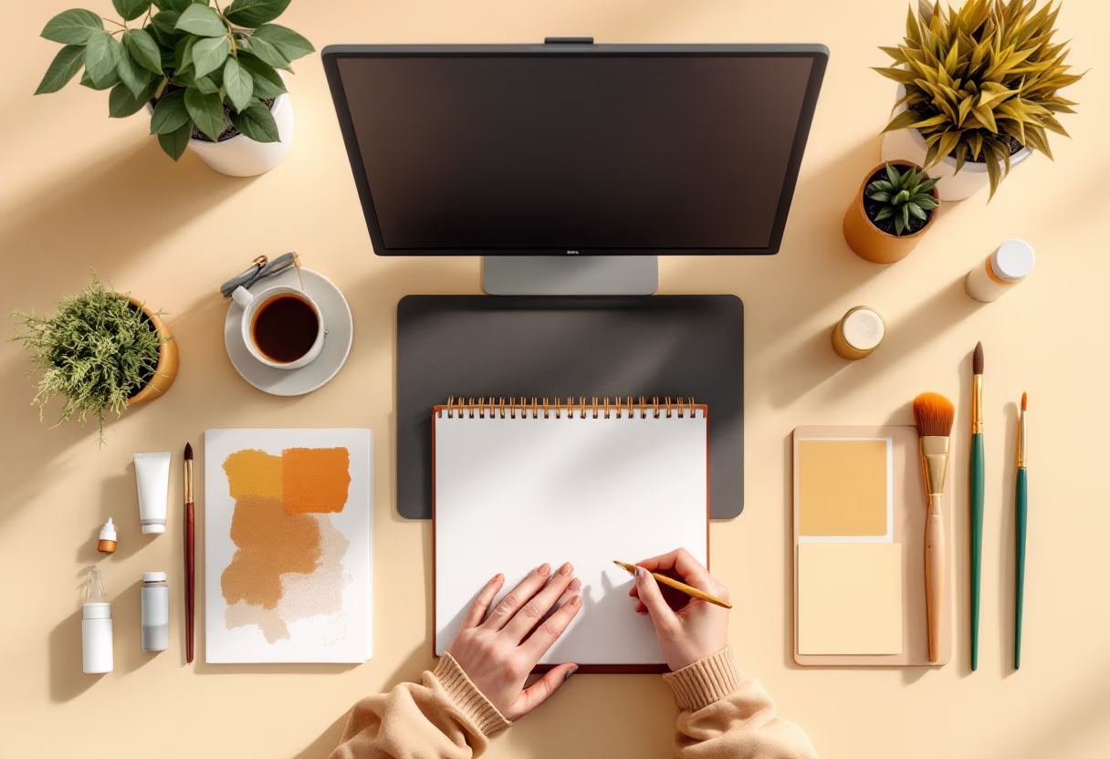 [background image] image of art supplies on a desk (for a graphic design studio)