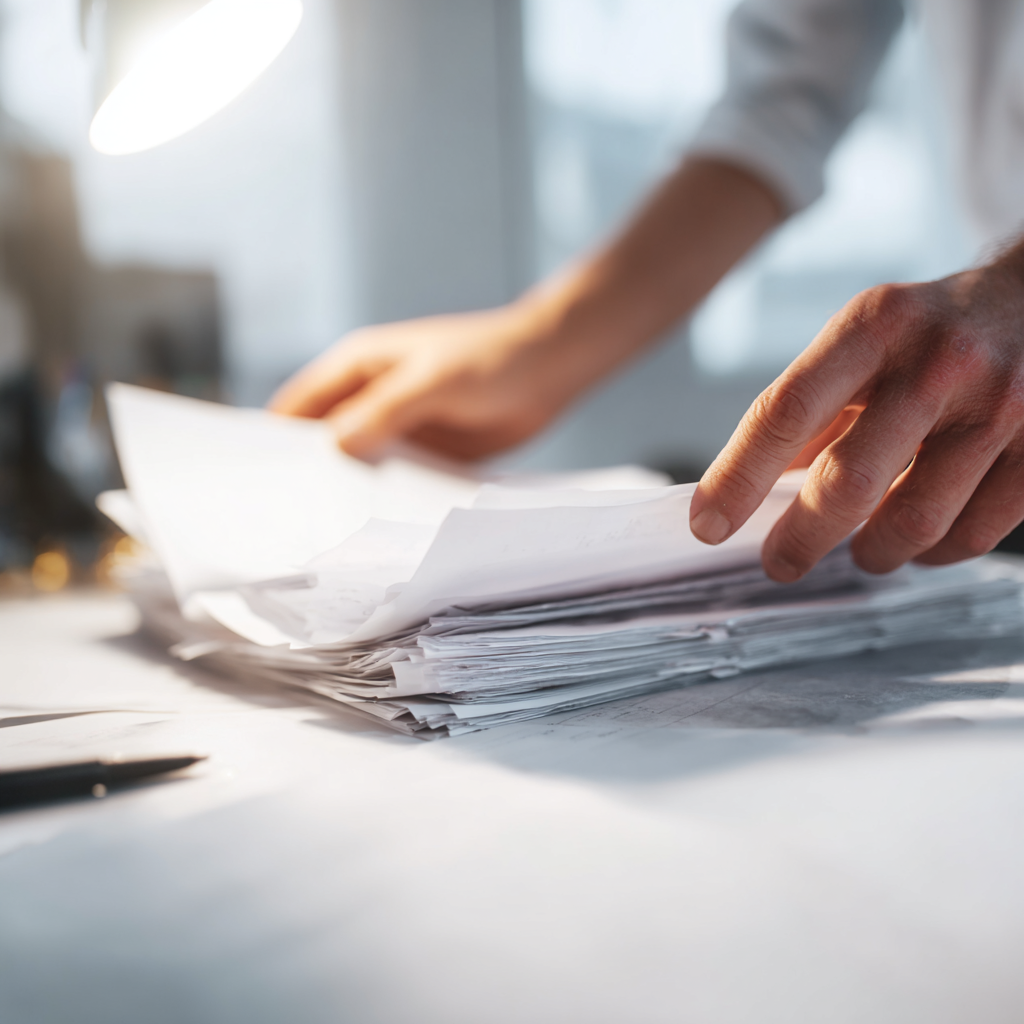 Image of hand organizing piles of papers on a desk
