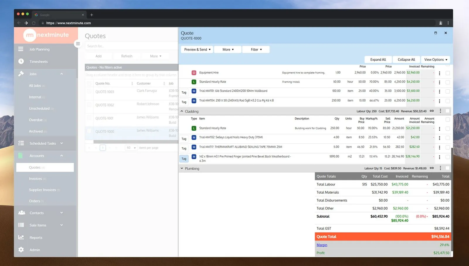 NextMinute invoicing on desktop