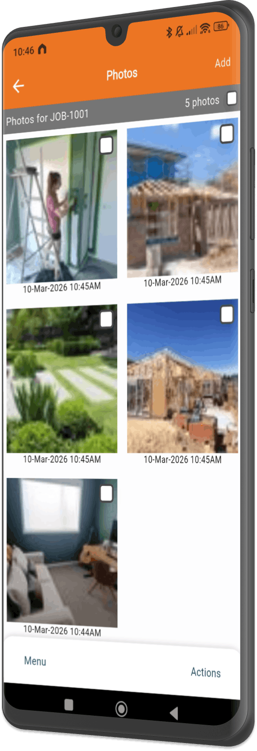 NextMinute job management app for tradies - showing the photos screen