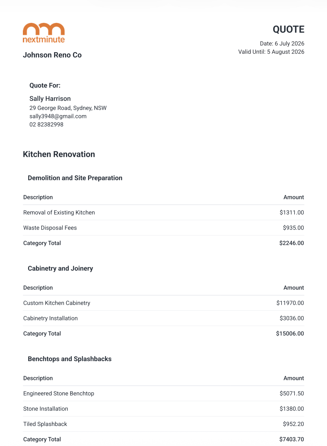 Free construction quote template for Australian builders showing labour, materials, margin and wastage line items