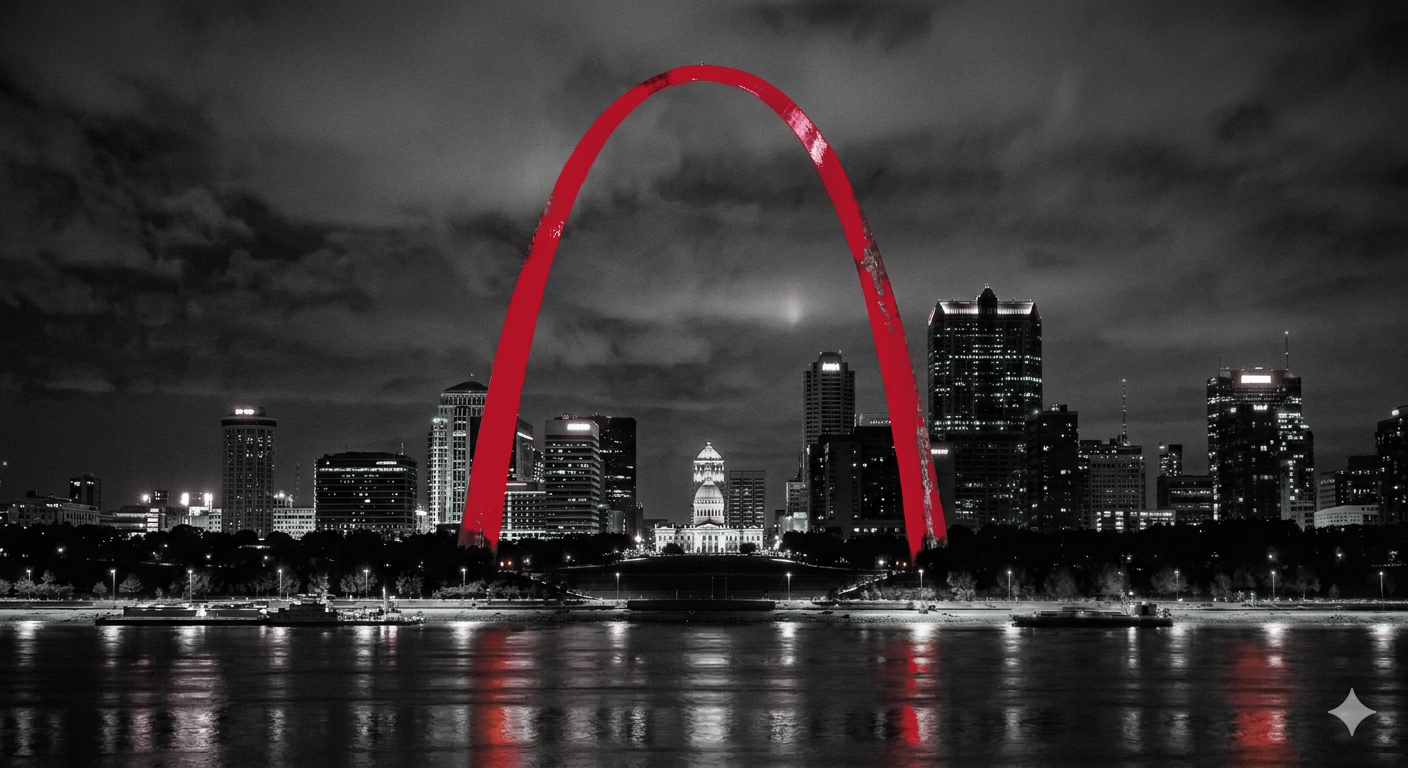 Nighttime city skyline with the Gateway Arch illuminated in blue, reflecting on a river in the foreground.