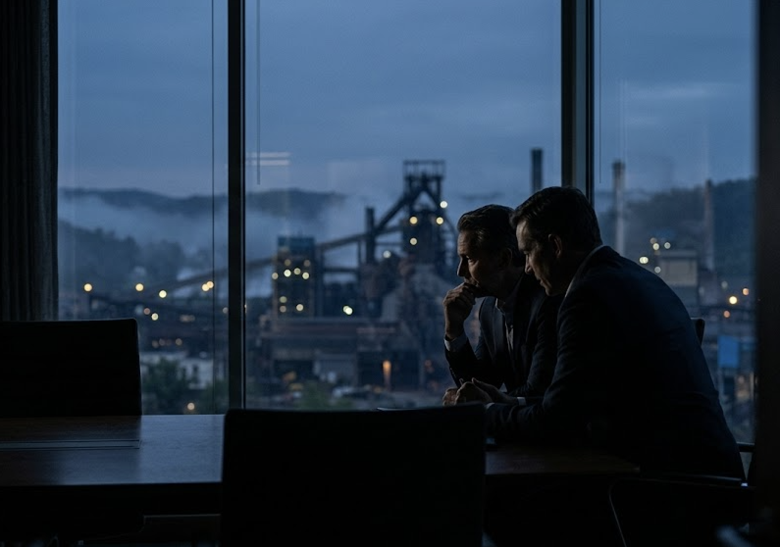 Two men in suits sit pensively at a table by a large window overlooking an industrial plant at dusk.