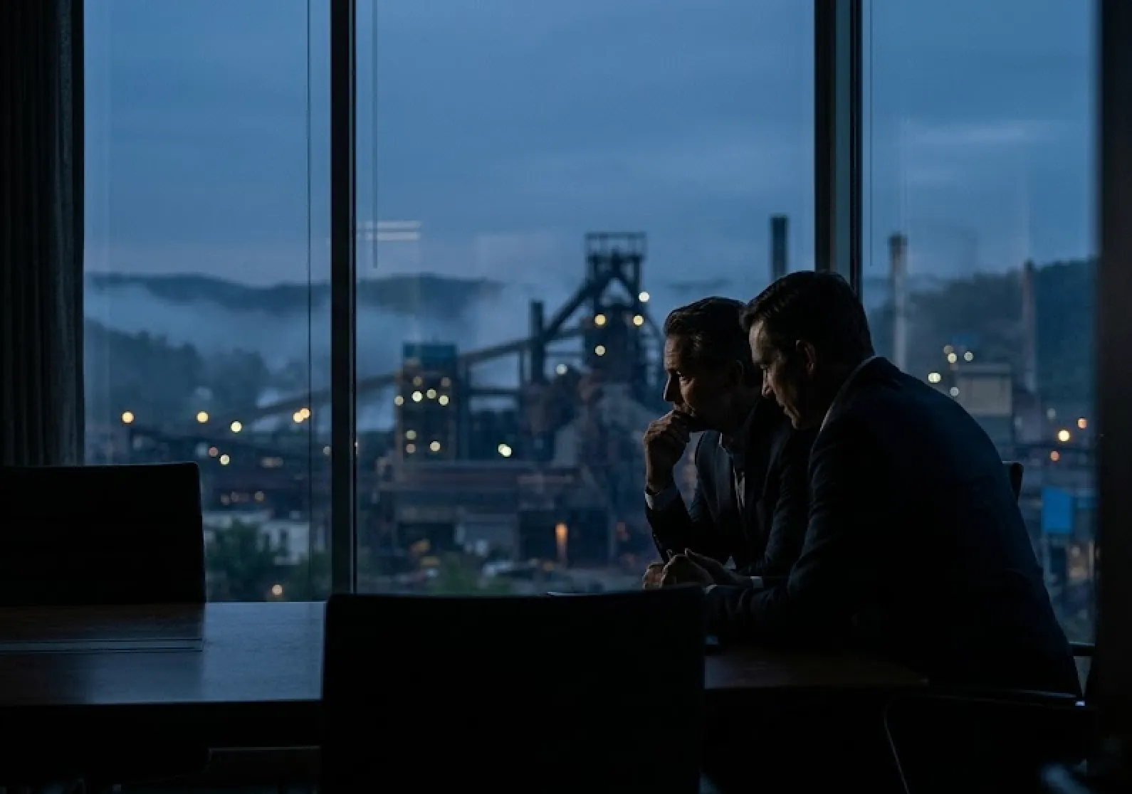 Two men in suits sit pensively at a table by a large window overlooking an industrial plant at dusk.
