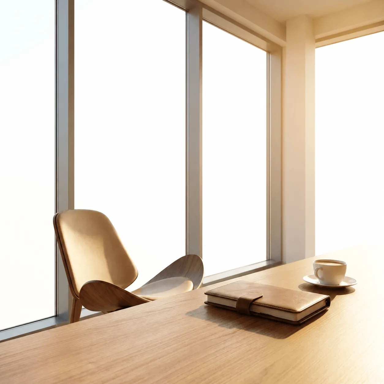 Leather notebook and cup of coffee on wooden table beside a modern chair near large sunlit windows.