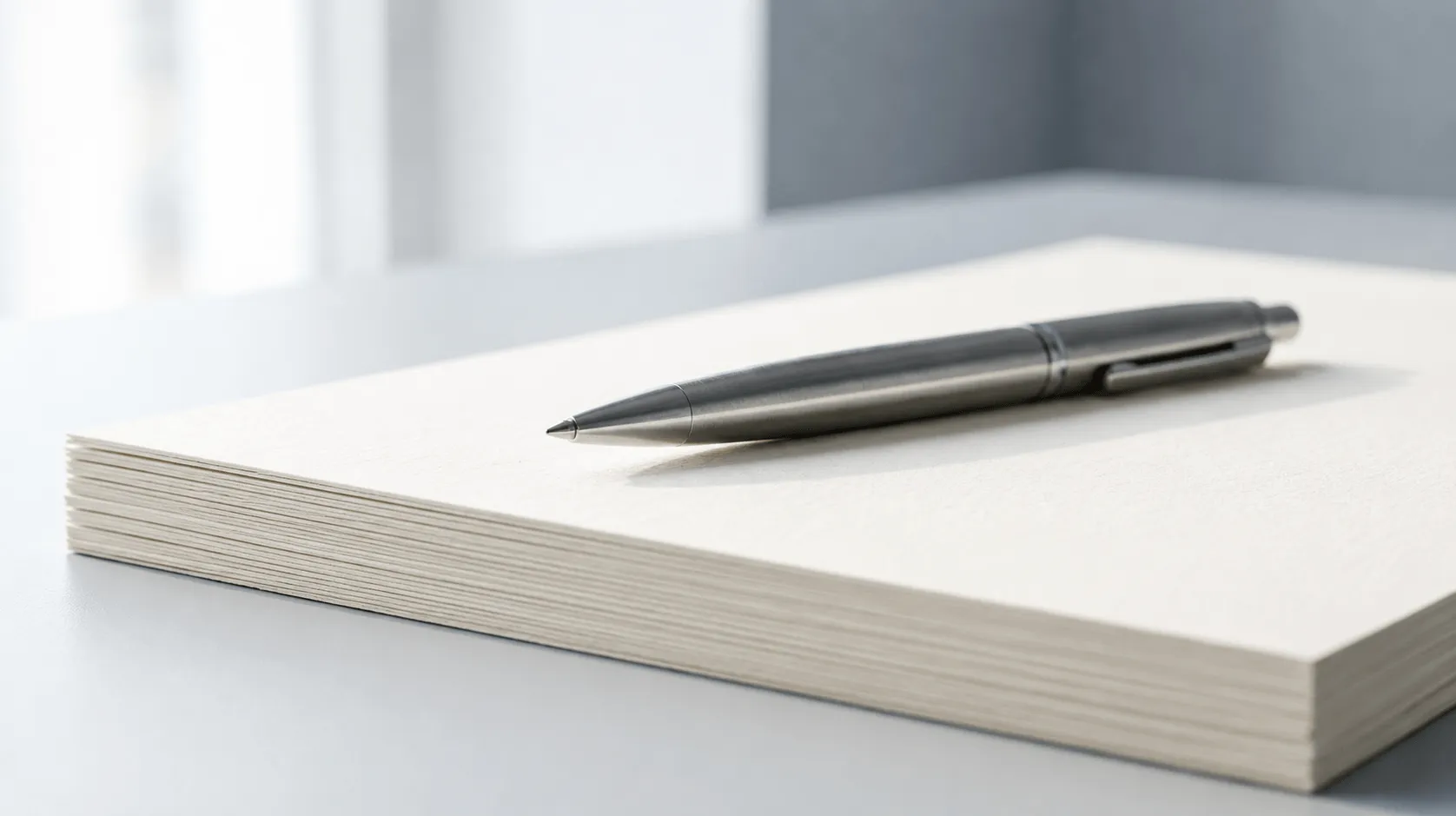 Metallic ballpoint pen lying on a thick stack of blank white paper on a gray surface.