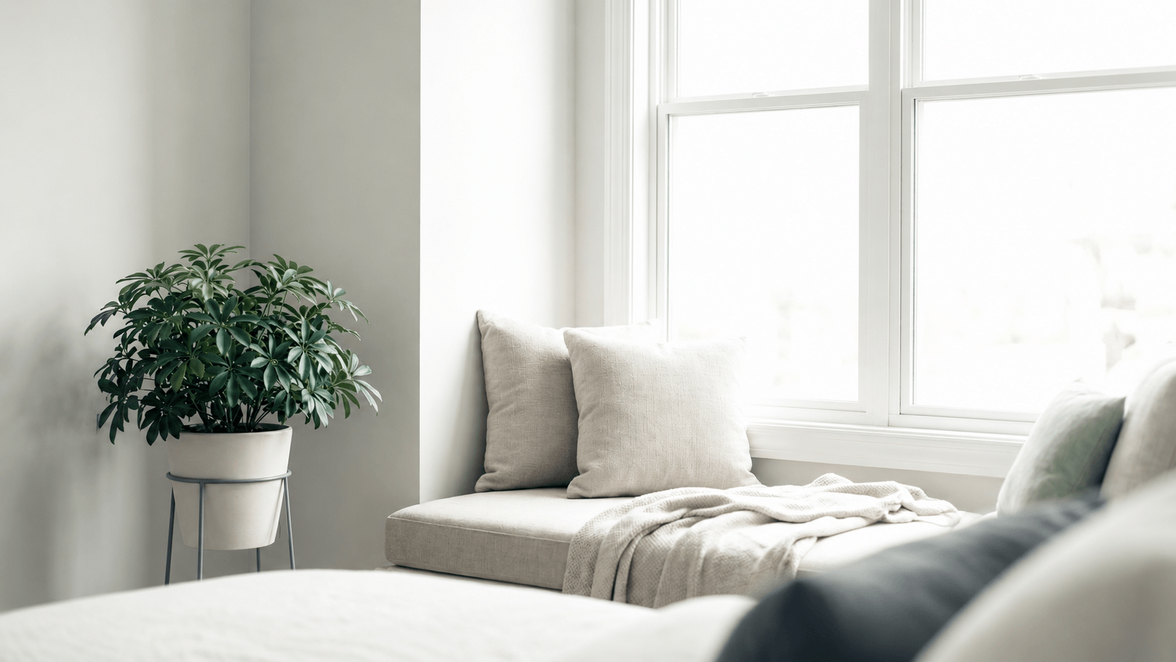 Bright cozy corner with a cushioned bench, two pillows, a knitted throw, and a potted green plant.