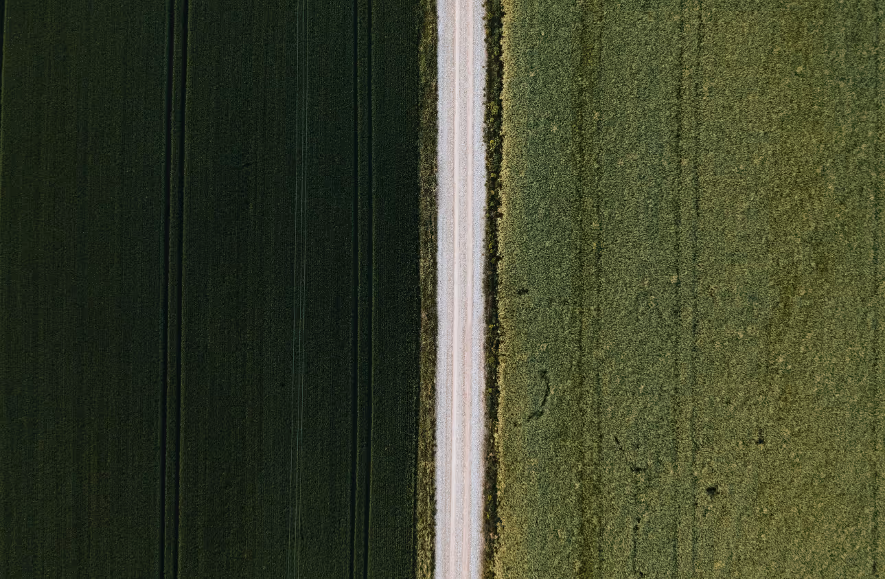 Close-up aerial view of farmland and agricultural landscapes.