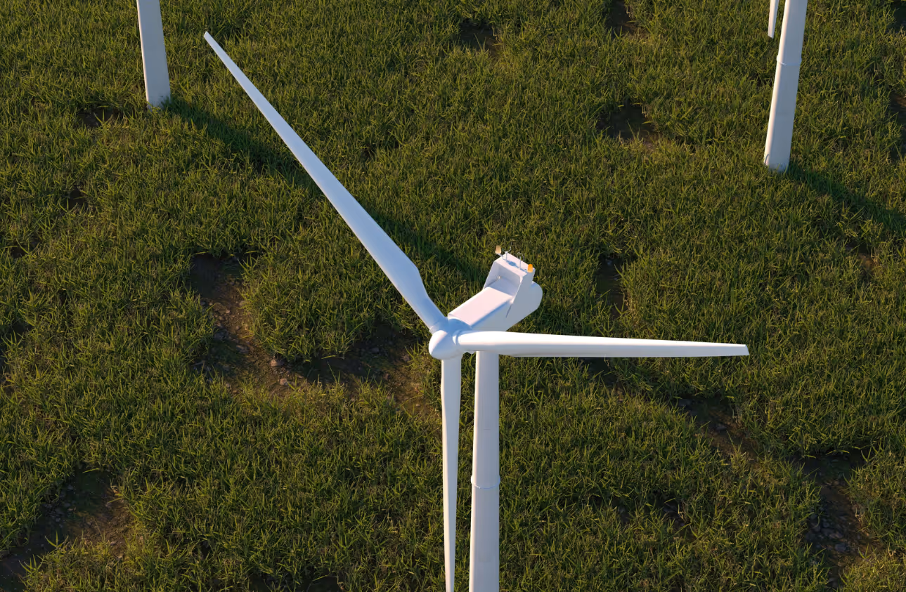 Wind farm with turbines surrounded by grassy fields and open landscape.