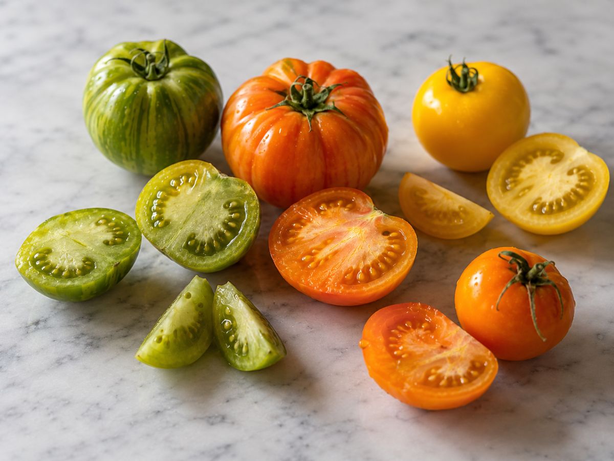 Yellow orange and green heirloom tomatoes