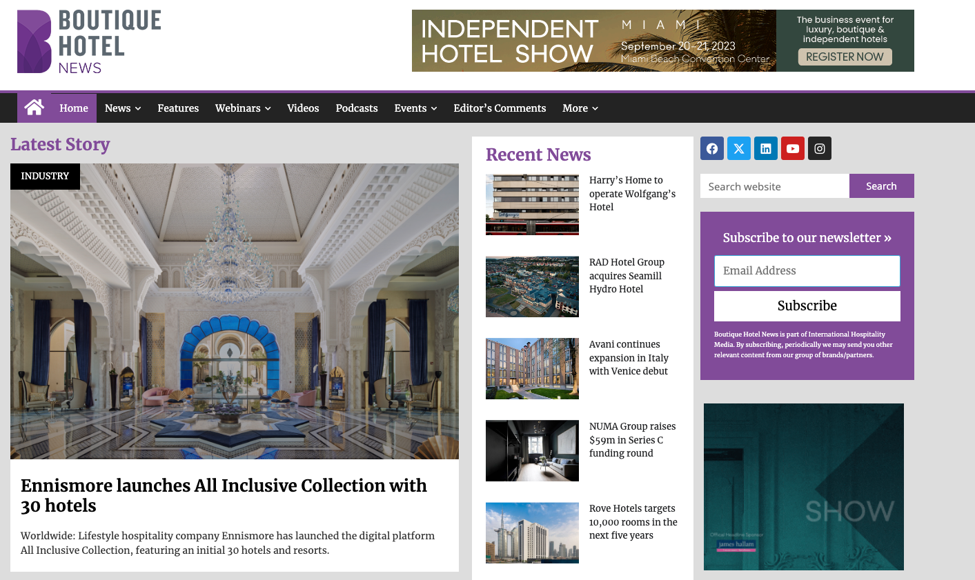 <p><strong>For those interested in the boutique hotel industry, </strong>International Hospitality Media's Boutique Hotel News is a treasure trove of content. This site showcases domestic and international boutique hoteliers, expanding your horizons regarding the possibilities in this niche. Regularly updated, Boutique Hotel News features an array of videos, Q&A sessions, reports, supplier guides, and more.</p>