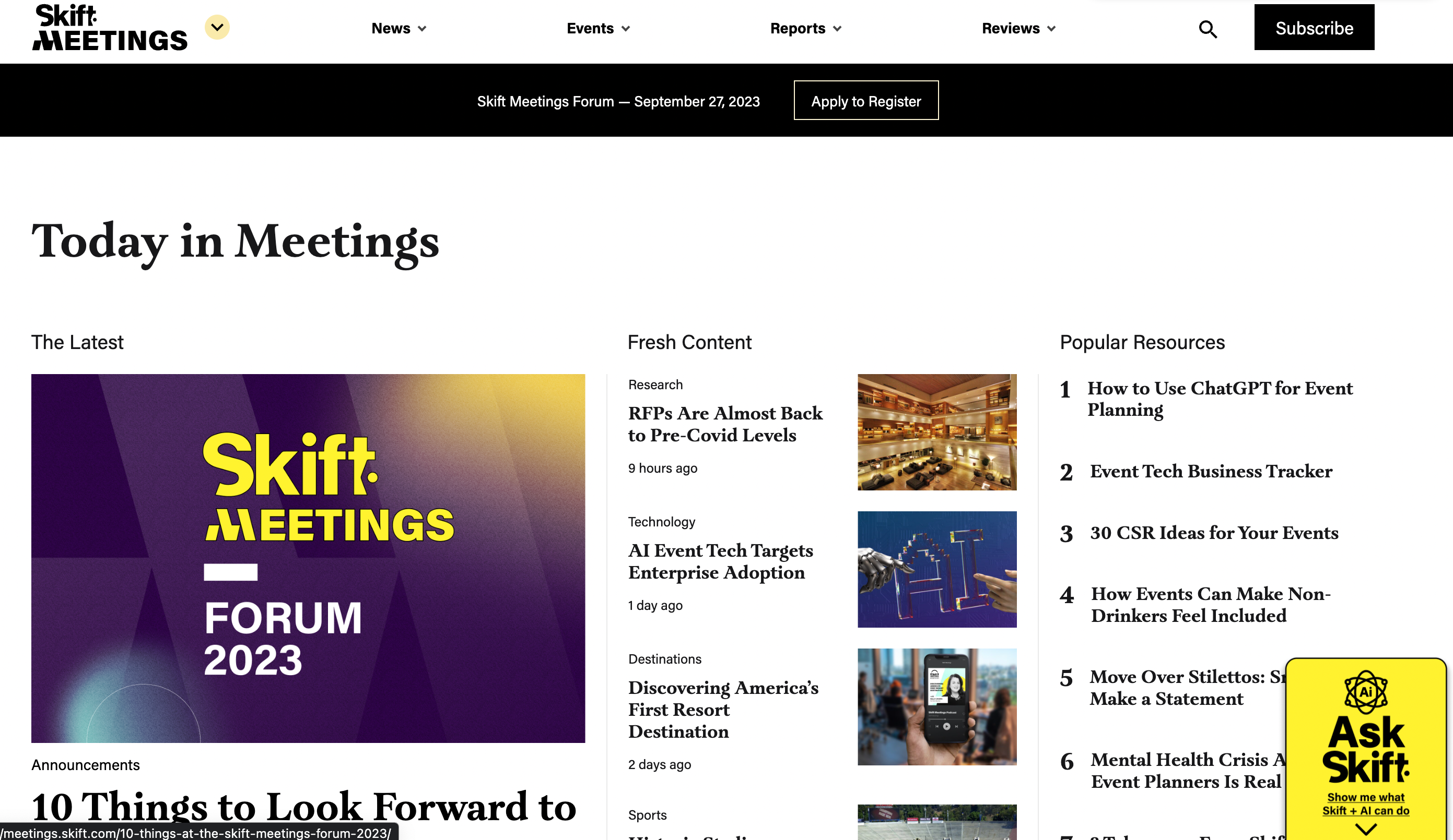 <p>Skift Meetings stands as a comprehensive resource hub catering to professionals in the events and meetings industry. With its inception, Skift Meetings has been a<strong> go-to platform for individuals seeking insights, trends, and invaluable advice on optimizing their event planning and management efforts. </strong>Whether you're organizing events on a local or global scale, Skift Meetings offers a wealth of knowledge to empower your strategies.</p>