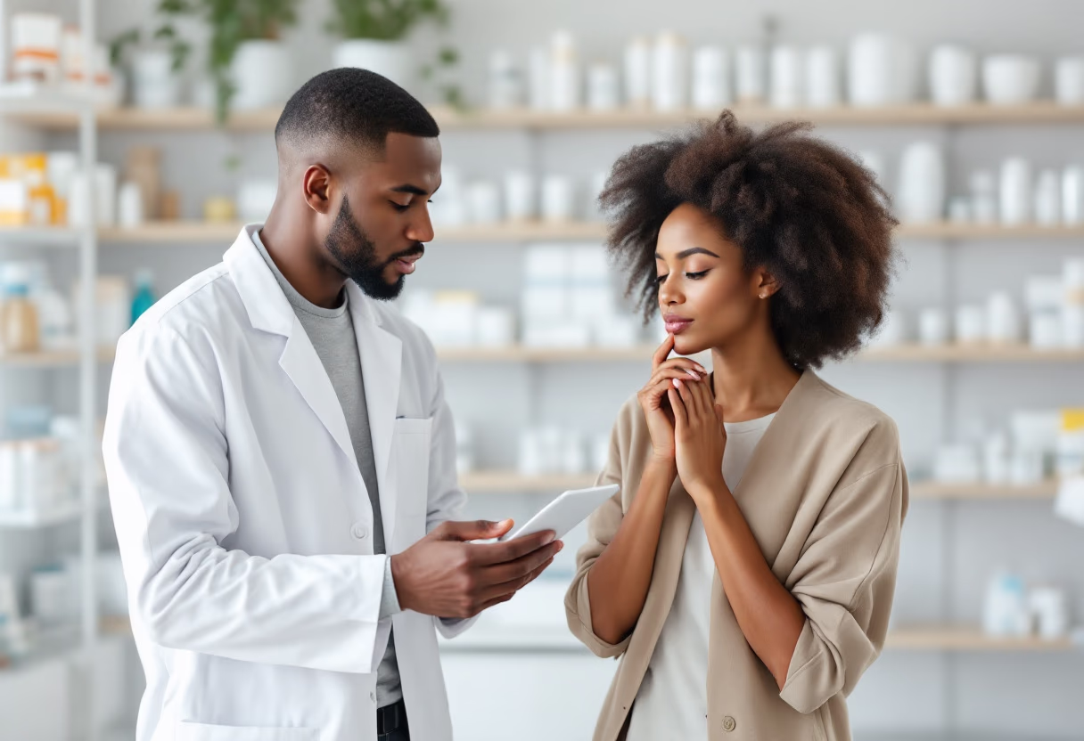 image of pharmacist explaining medication to a customer