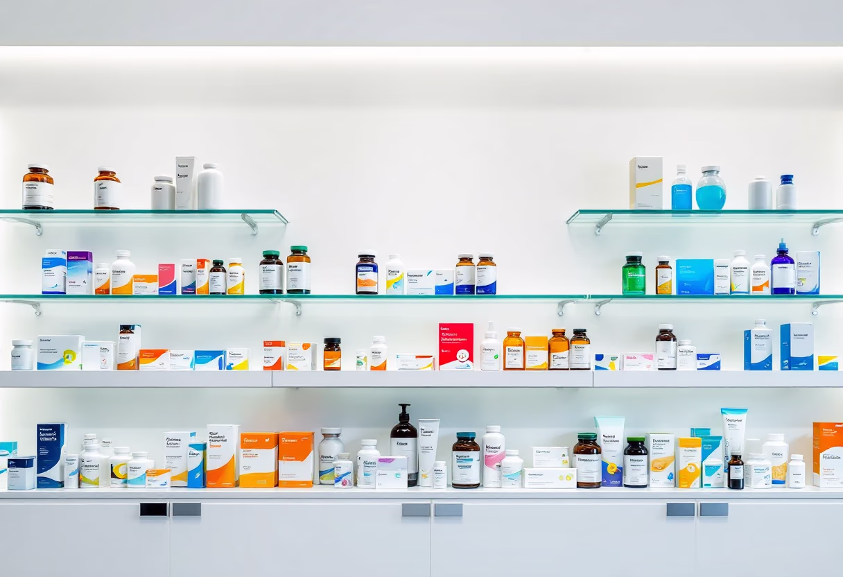 [background image] variety of pharmaceutical products on display (for a pharmacy)