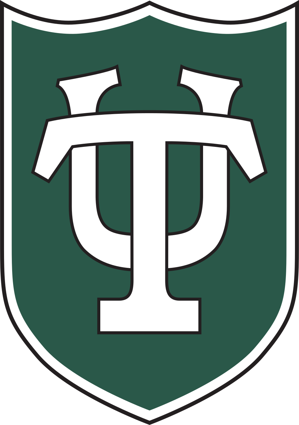 White stylized interlocking T and U letters on a green shield background with white border.