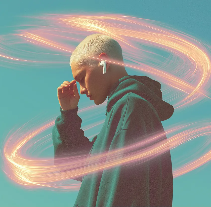 Person with short blonde hair wearing white wireless earbuds surrounded by glowing light trails.