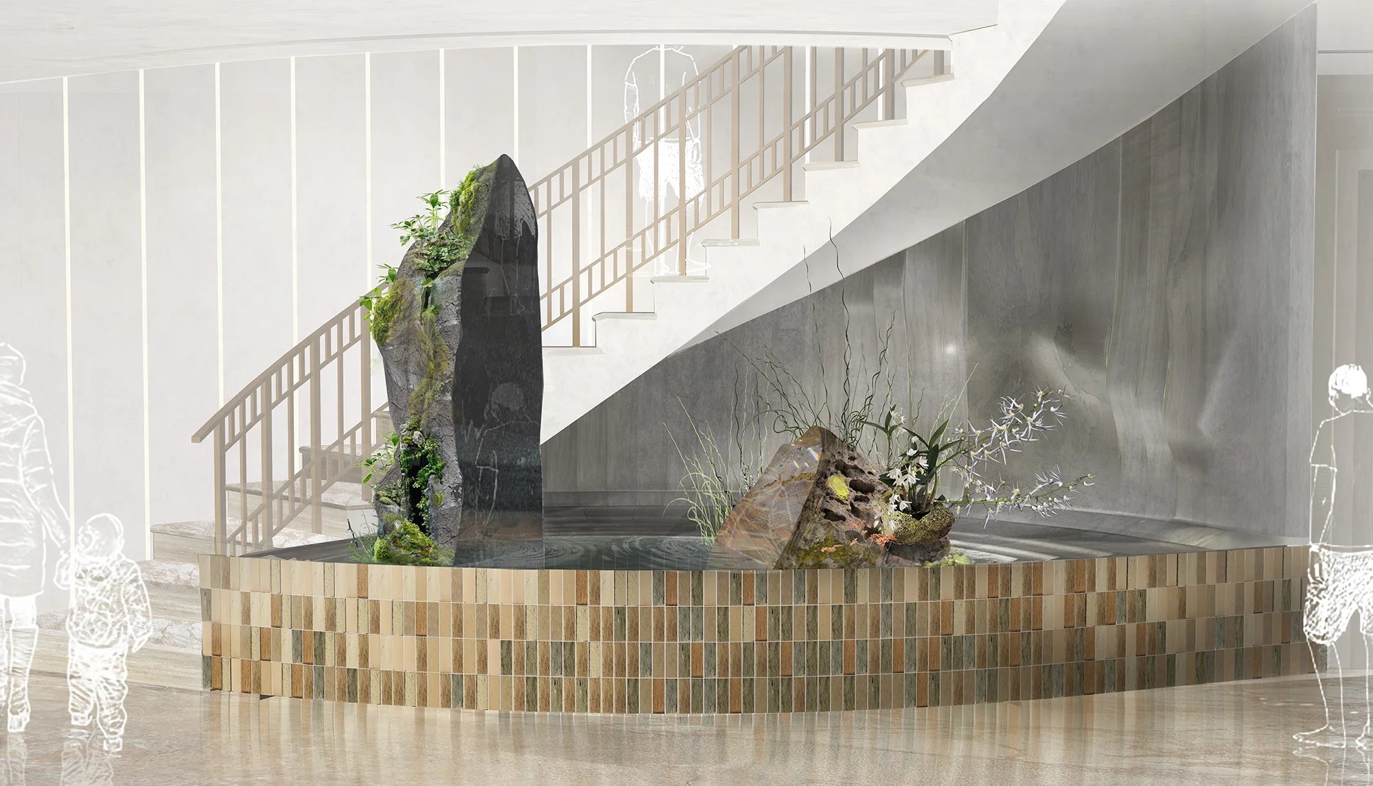 Residential atrium installation featuring split stone forms, reflective water and tropical planting beneath a curved staircase and concrete walls, glazed Moroccan tiles and still water surfaces, creating a calm meditative architectural atmosphere.