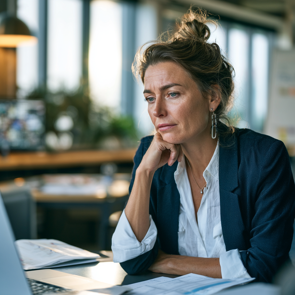 Woman with hair in a bun intently looking at a laptop in a bright, modern office setting.