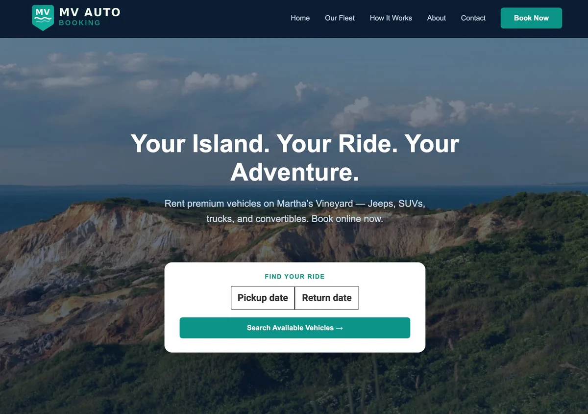 MV Auto Booking — car rental platform built on Webflow, Booqable, and Stripe