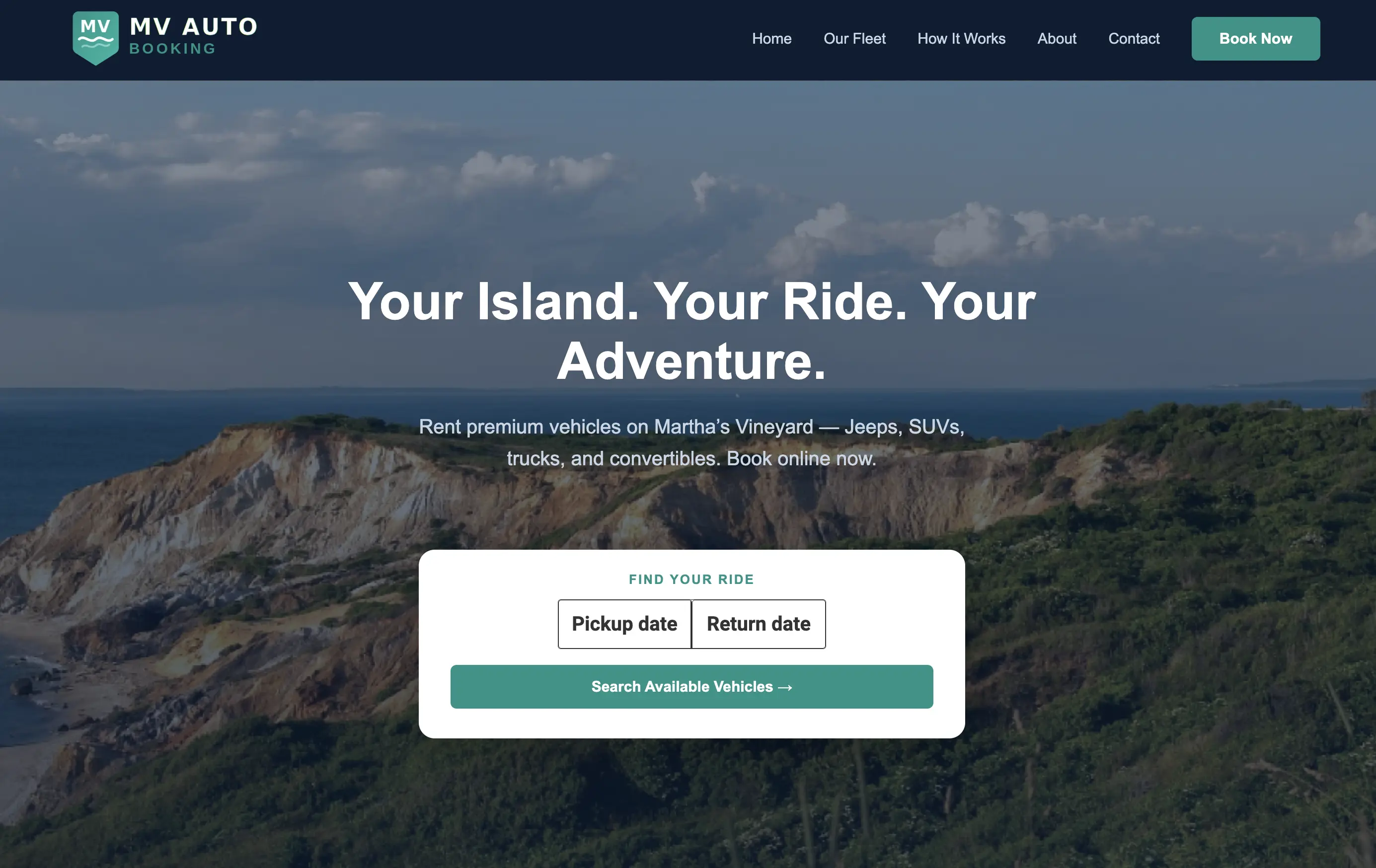 MV Auto Booking homepage — car rental booking platform