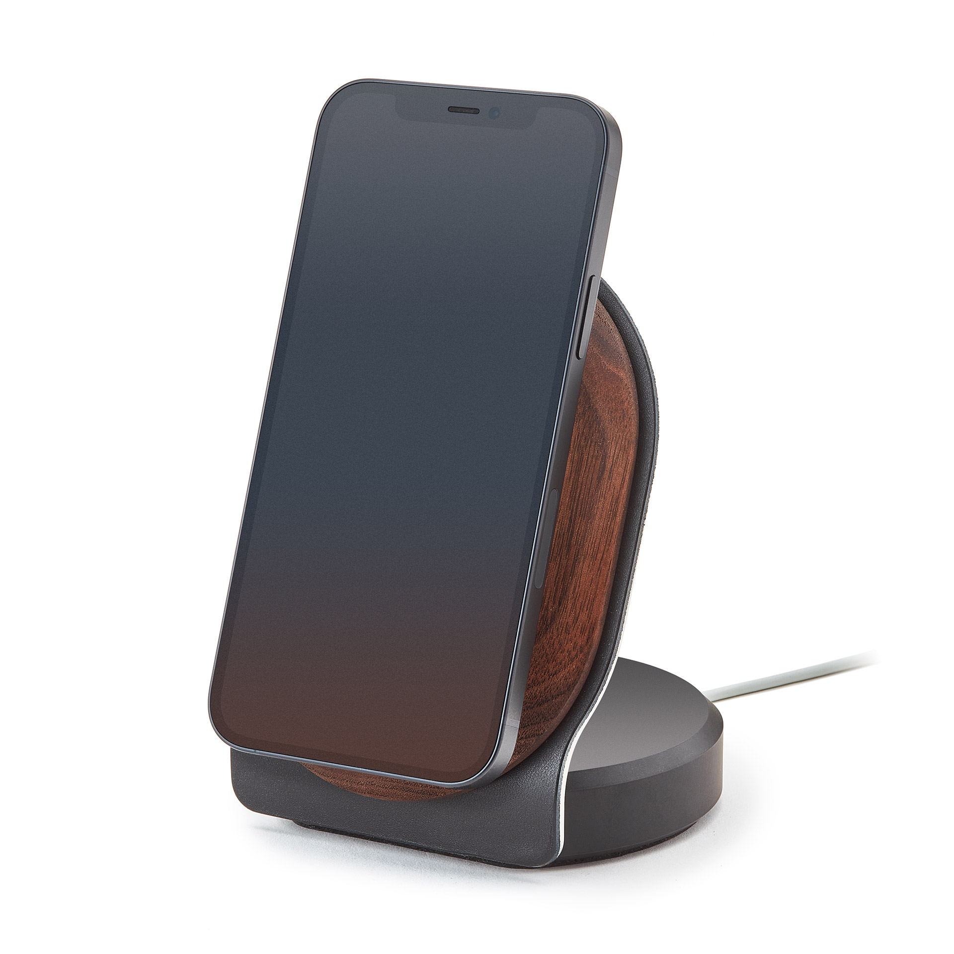Grovemade Wood MagSafe Stand in solid American walnut with vegetable-tanned leather
