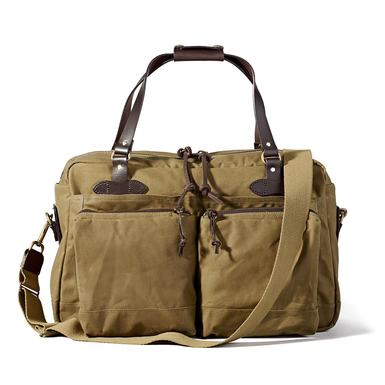 Filson 48-Hour Tin Cloth Duffle bag in dark tan with water-resistant canvas and bridle leather