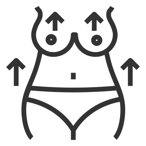 Line drawing of a female torso with upward arrows indicating breast and body lift.