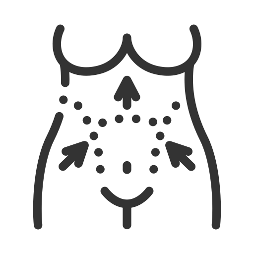 Outline of a female torso with arrows pointing inward on the stomach area, indicating focus on the abdomen.